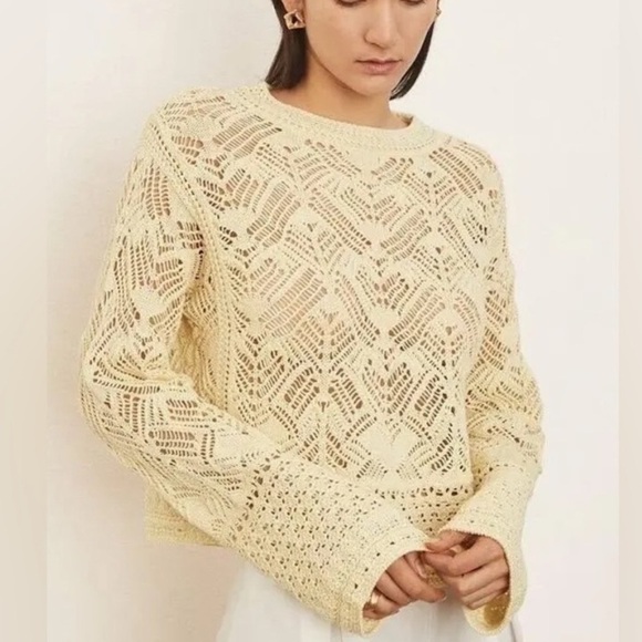 NWT. VINCE Lace Patchwork Pullover Organic Cotton Sweater in Pale Yellow size L - Picture 1 of 11